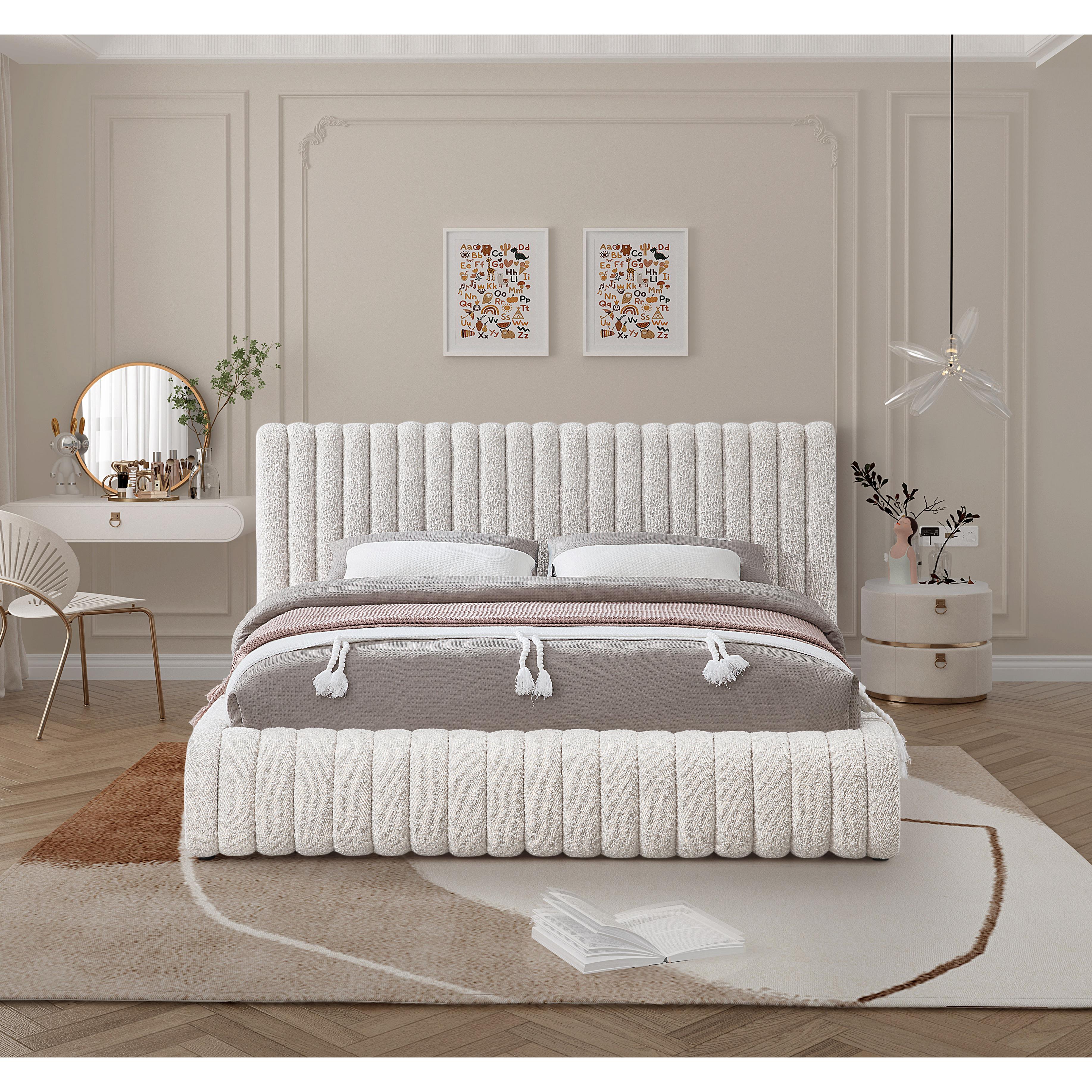 Meridian Nash Cream Boucle Fabric Queen Bed