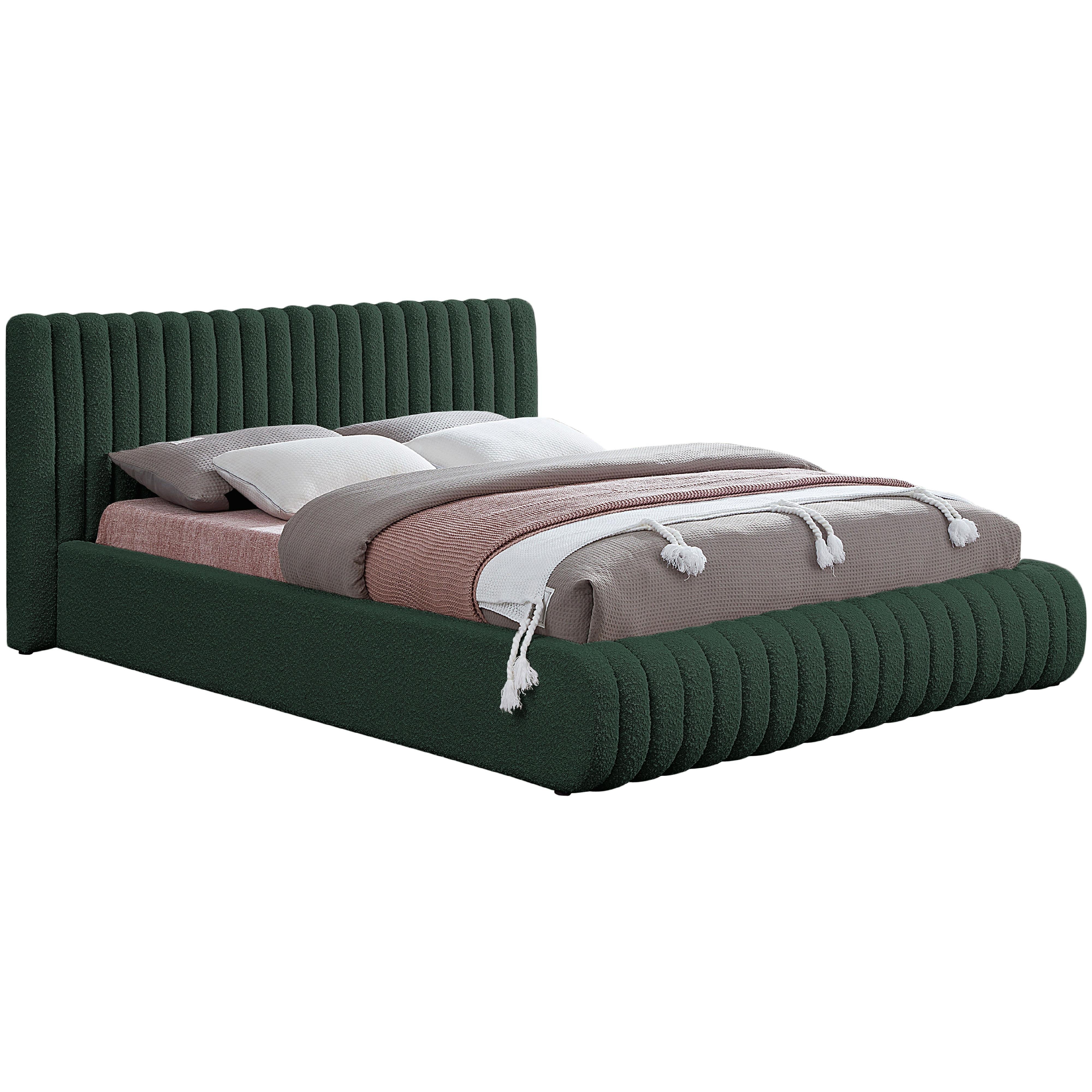 Meridian Nash Green Boucle Fabric Queen Bed