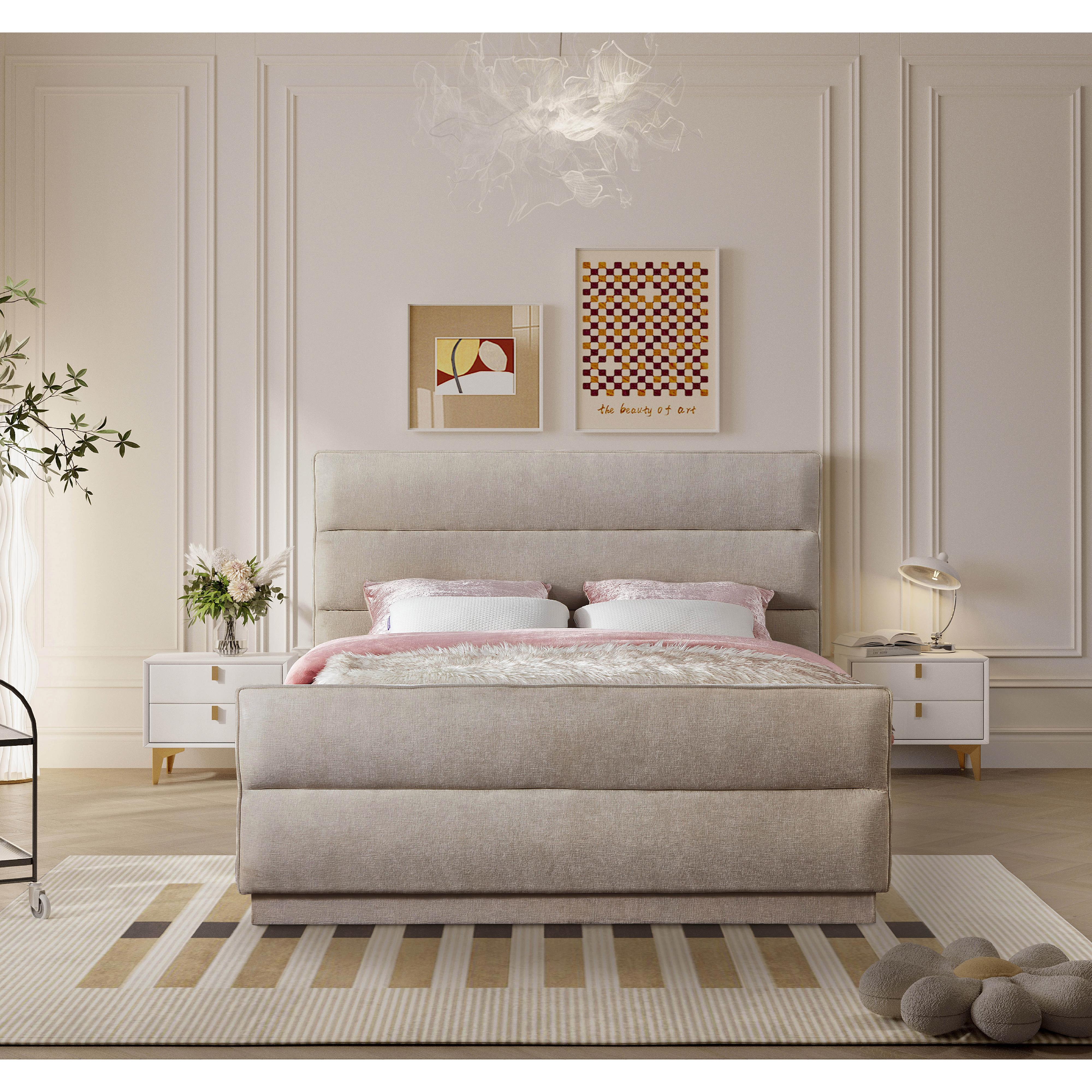 Meridian Paxton Beige Chenille Fabric Queen Bed (3 Boxes)