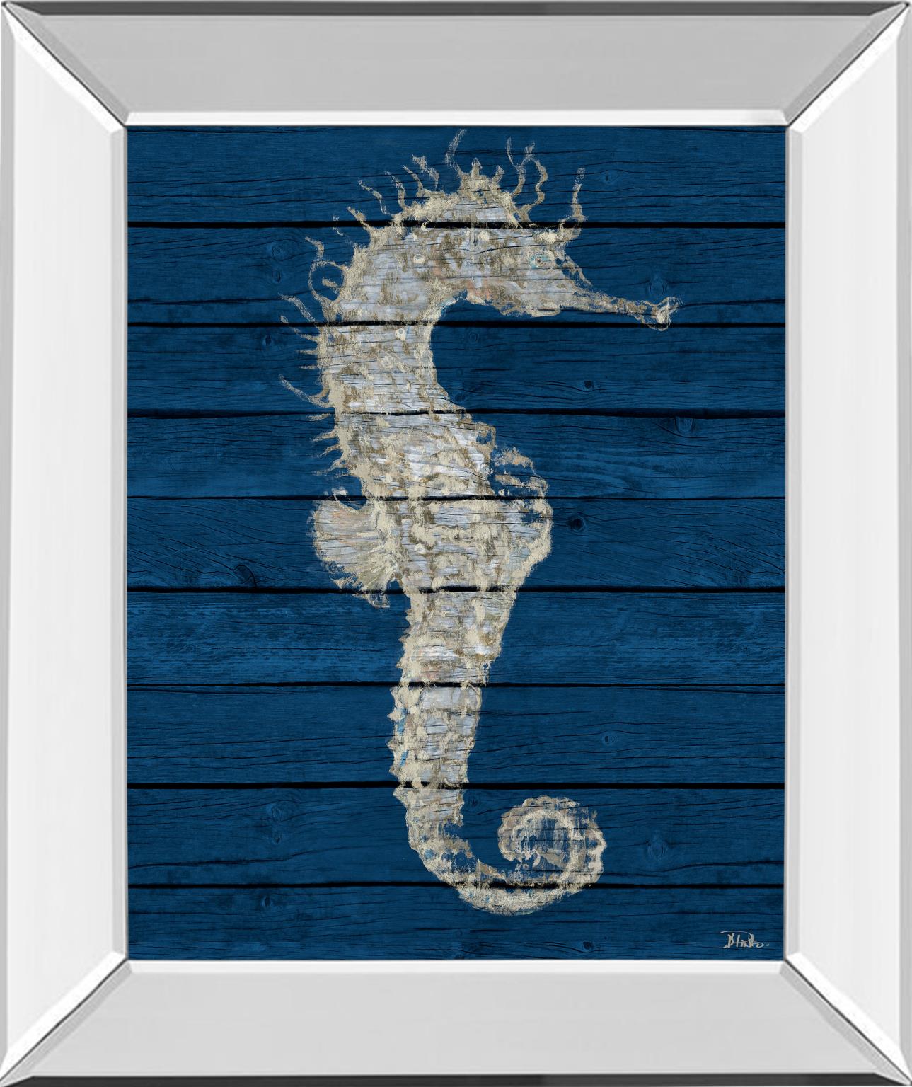 Mirrored Frame Antique Seahorse On Blue I By Patricia Pinto 22X26 Mirror Frame Print