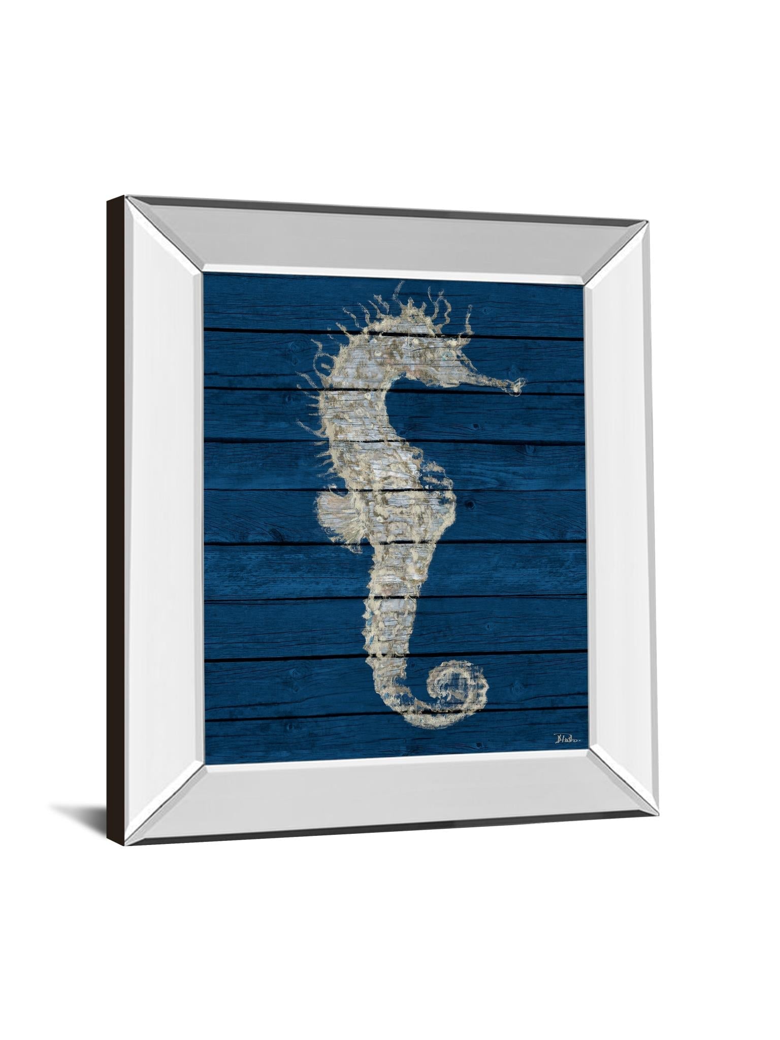 Mirrored Frame Antique Seahorse On Blue I By Patricia Pinto 22X26 Mirror Frame Print