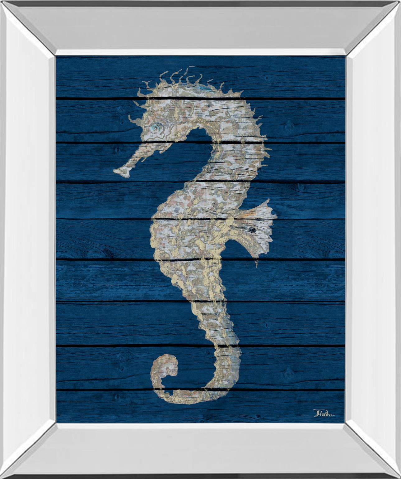 Mirrored Frame Antique Seahorse On Blue Ii By Patricia Pinto 22X26 Mirror Frame Print