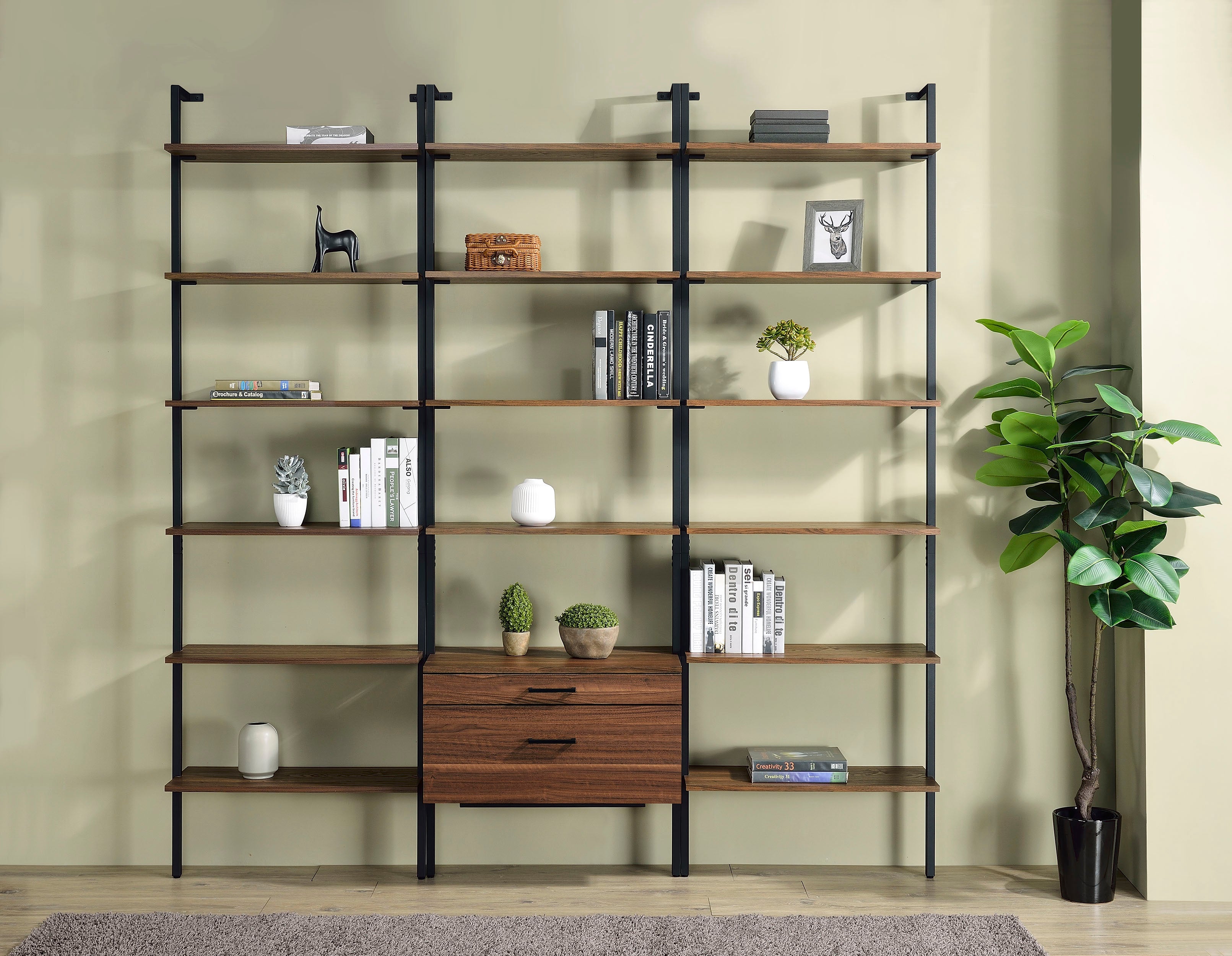 Owens  96-inch Wall Mounted Bookshelf Set Walnut