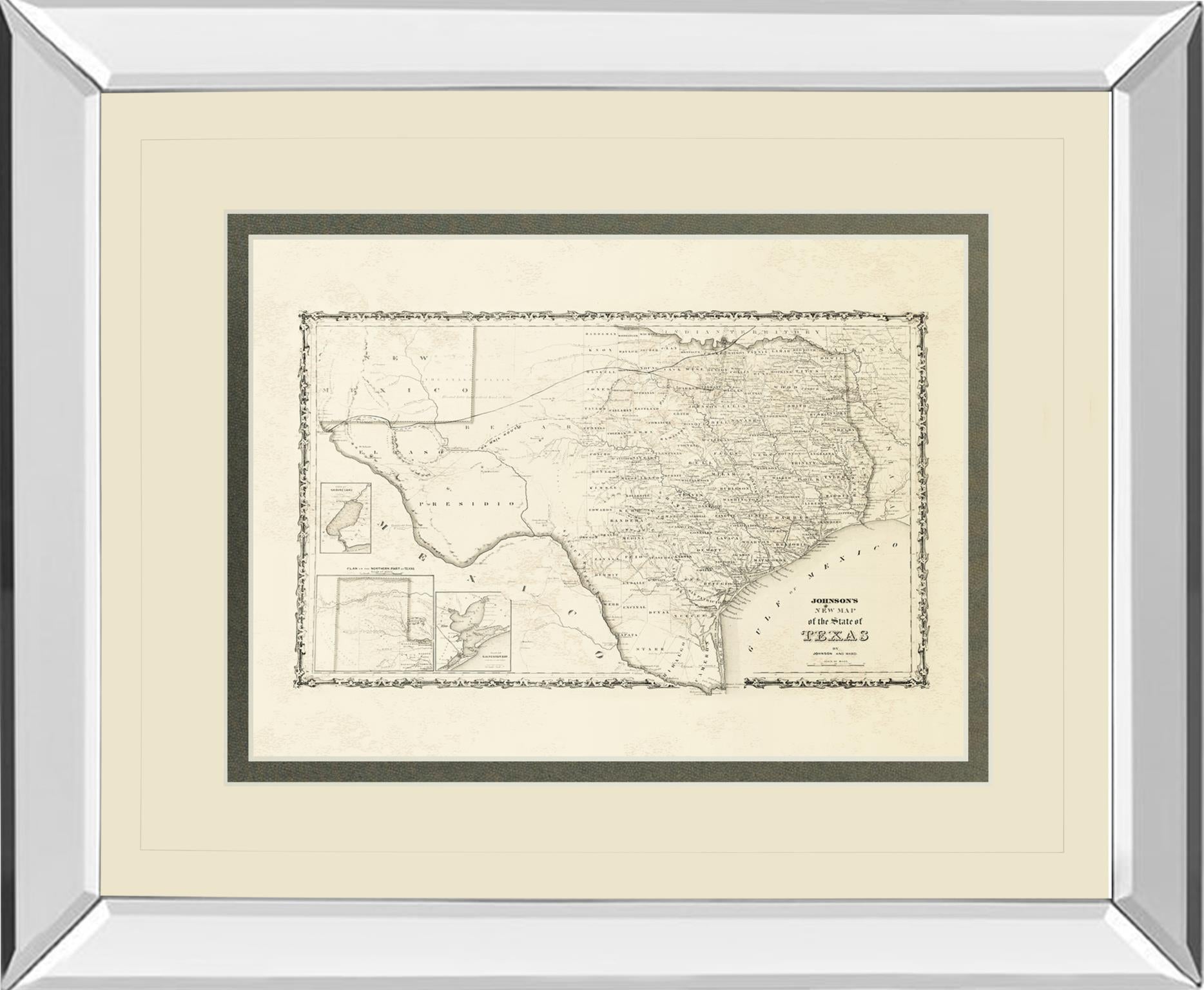 Mirrored Frame New Map Of The State Of Texas By Johnson And Wank 34X40 Mirror Frame Print