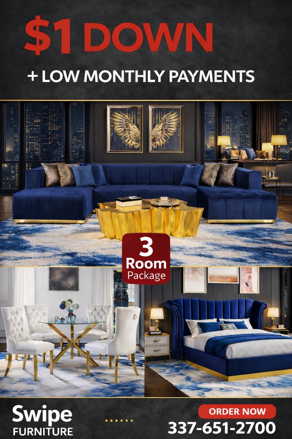 Elisha Blue 3 Room Package Mattress and 55” Smart Tv Included