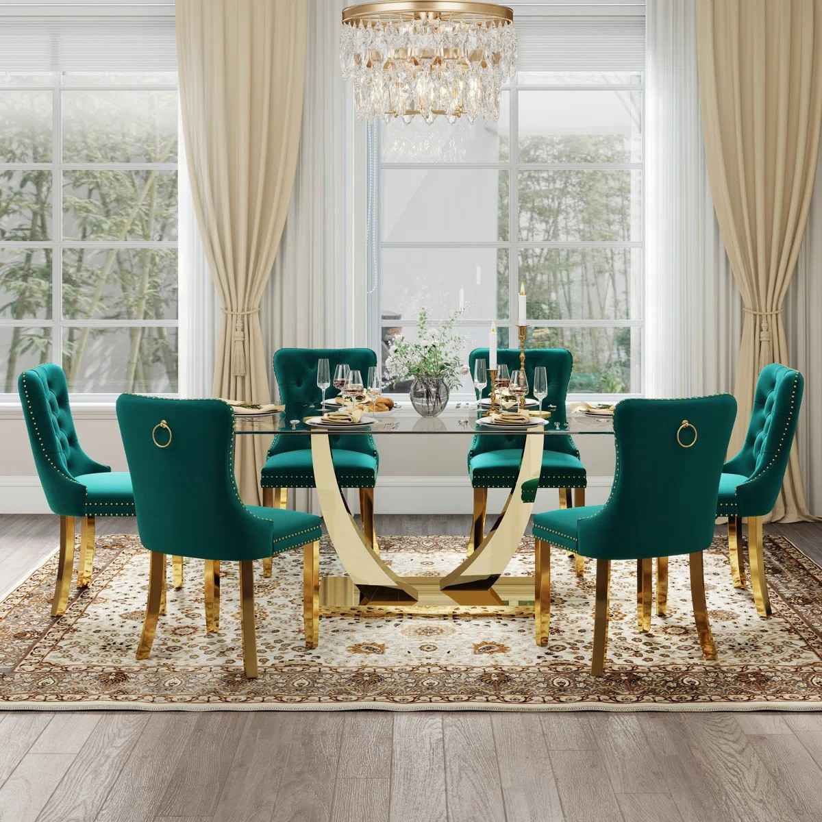 Kazandra 6 - Person Pedestal Dining Set (Green)