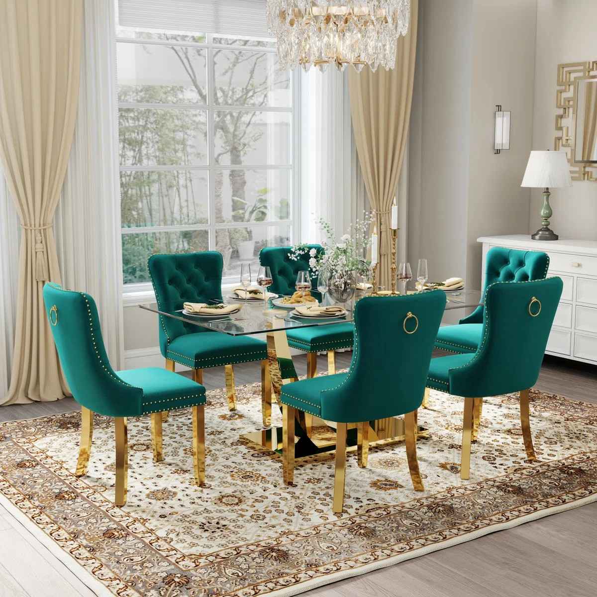 Kazandra 6 - Person Pedestal Dining Set (Green)