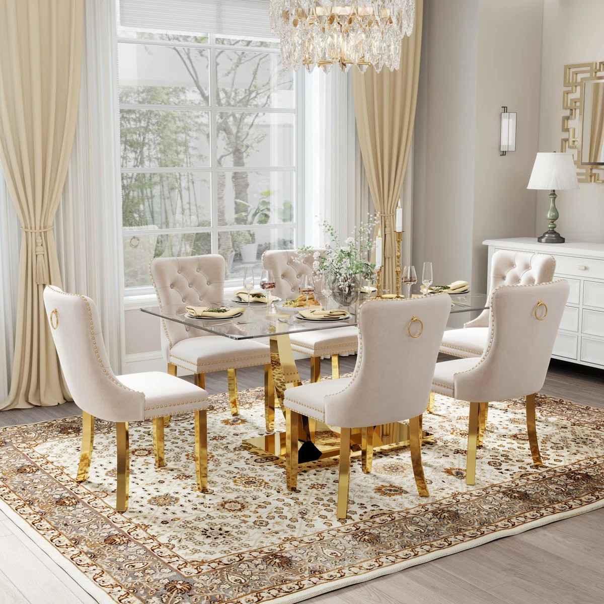 Kazandra 6 - Person Pedestal Dining Set (Beige)