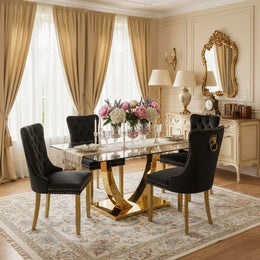 Modern 63" Rectangular Tempered Glass Dining Set with Pedestal Base and Tufted Velvet Chairs (Black)