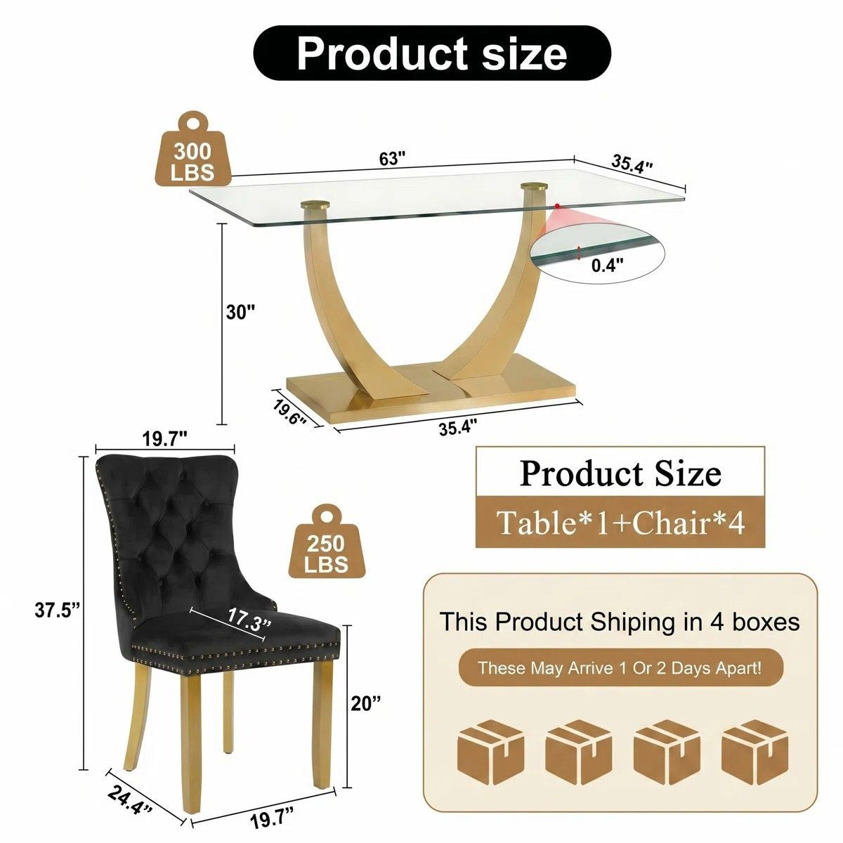 Modern 63" Rectangular Tempered Glass Dining Set with Pedestal Base and Tufted Velvet Chairs (Black)