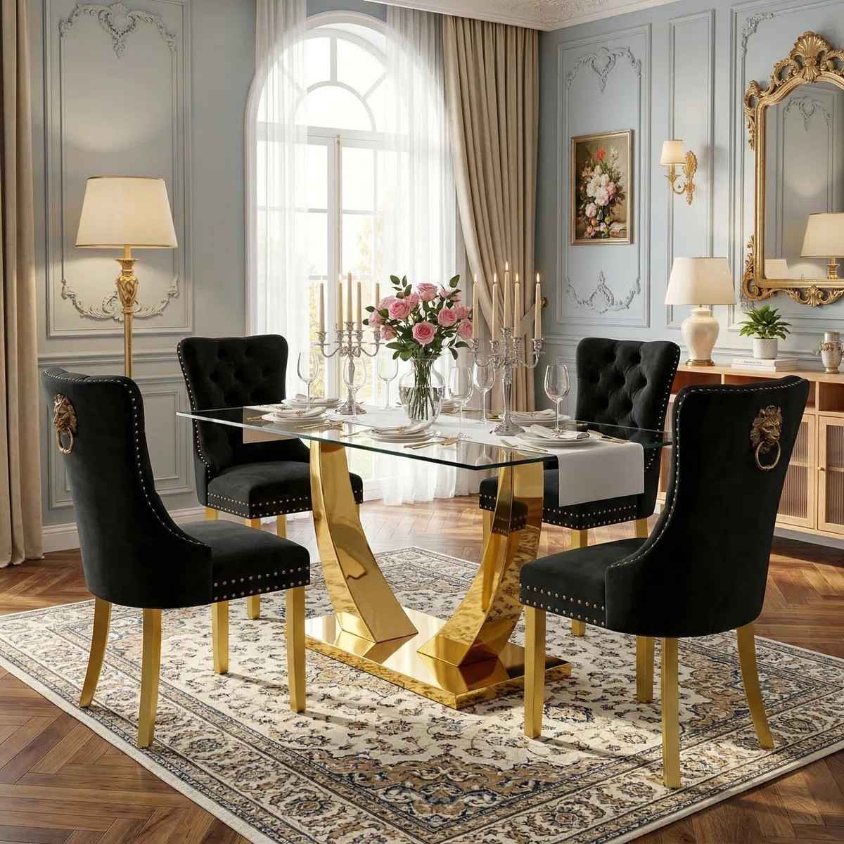 Modern 63" Rectangular Tempered Glass Dining Set with Pedestal Base and Tufted Velvet Chairs (Black)