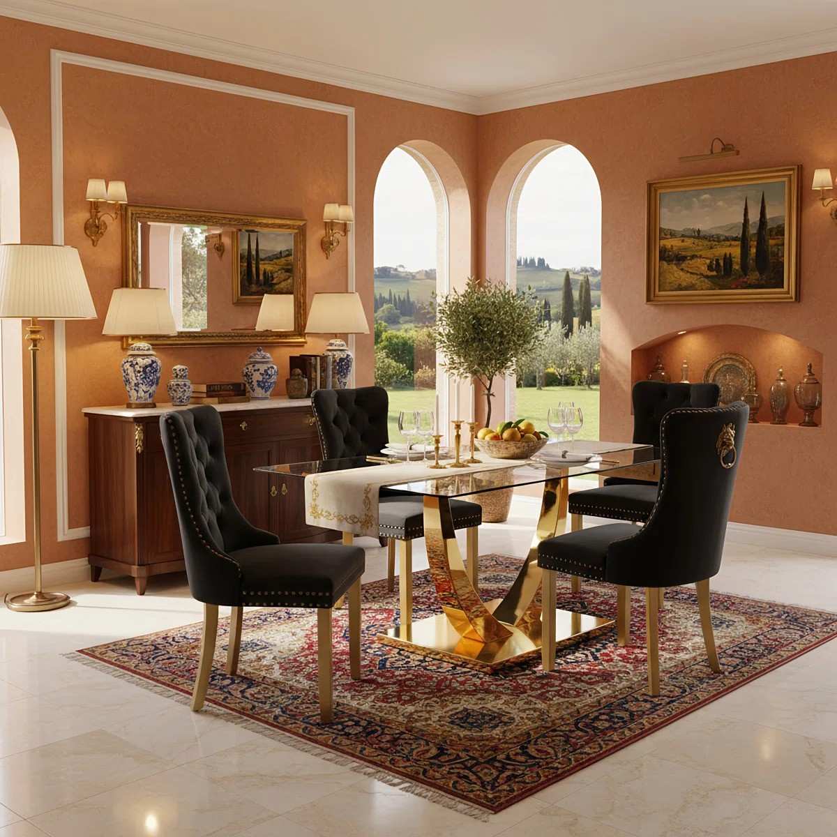 Modern 63" Rectangular Tempered Glass Dining Set with Pedestal Base and Tufted Velvet Chairs (Black)