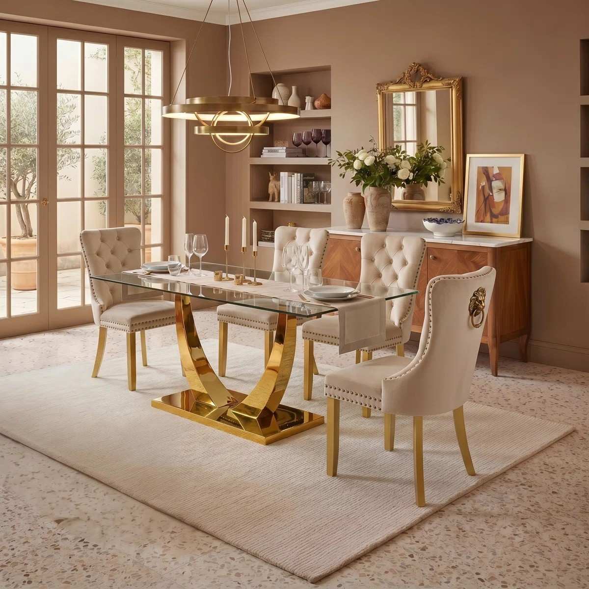 Modern 63" Rectangular Tempered Glass Dining Set with Pedestal Base and Tufted Velvet Chairs (Beige)