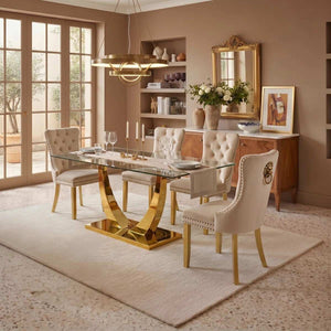 Modern 63" Rectangular Tempered Glass Dining Set with Pedestal Base and Tufted Velvet Chairs (Beige)