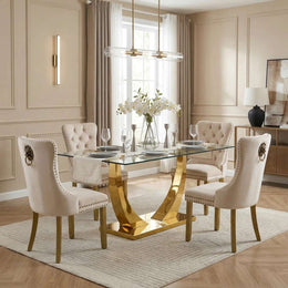 Modern 63" Rectangular Tempered Glass Dining Set with Pedestal Base and Tufted Velvet Chairs (Beige)