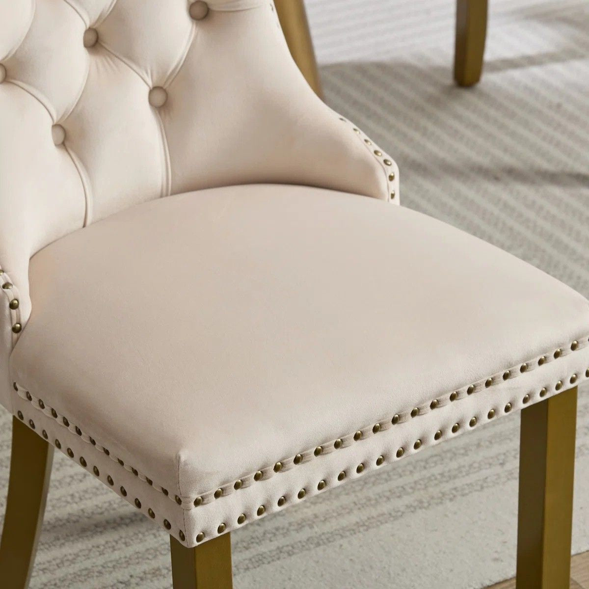 Modern 63" Rectangular Tempered Glass Dining Set with Pedestal Base and Tufted Velvet Chairs (Beige)