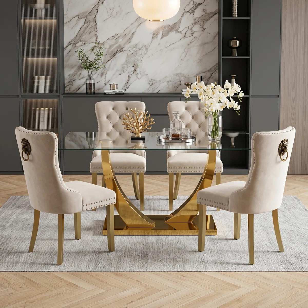 Modern 63" Rectangular Tempered Glass Dining Set with Pedestal Base and Tufted Velvet Chairs (Beige)