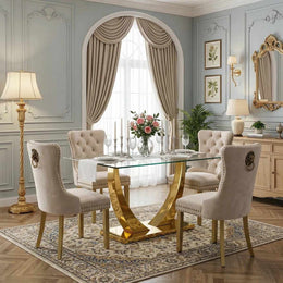 Modern 63" Rectangular Tempered Glass Dining Set with Pedestal Base and Tufted Velvet Chairs (Beige)