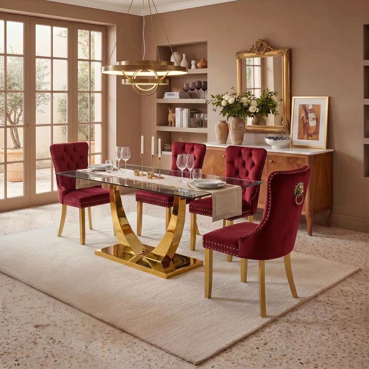 Modern 63" Rectangular Tempered Glass Dining Set with Pedestal Base and Tufted Velvet Chairs (Red)