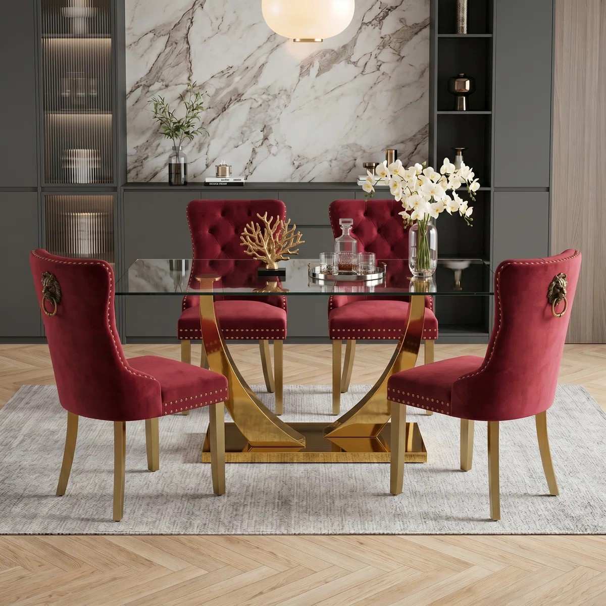 Modern 63" Rectangular Tempered Glass Dining Set with Pedestal Base and Tufted Velvet Chairs (Red)