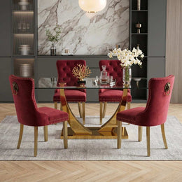 Modern 63" Rectangular Tempered Glass Dining Set with Pedestal Base and Tufted Velvet Chairs (Red)