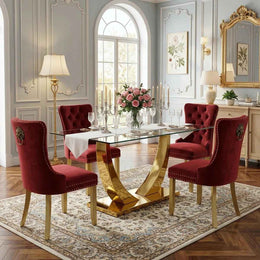 Modern 63" Rectangular Tempered Glass Dining Set with Pedestal Base and Tufted Velvet Chairs (Red)