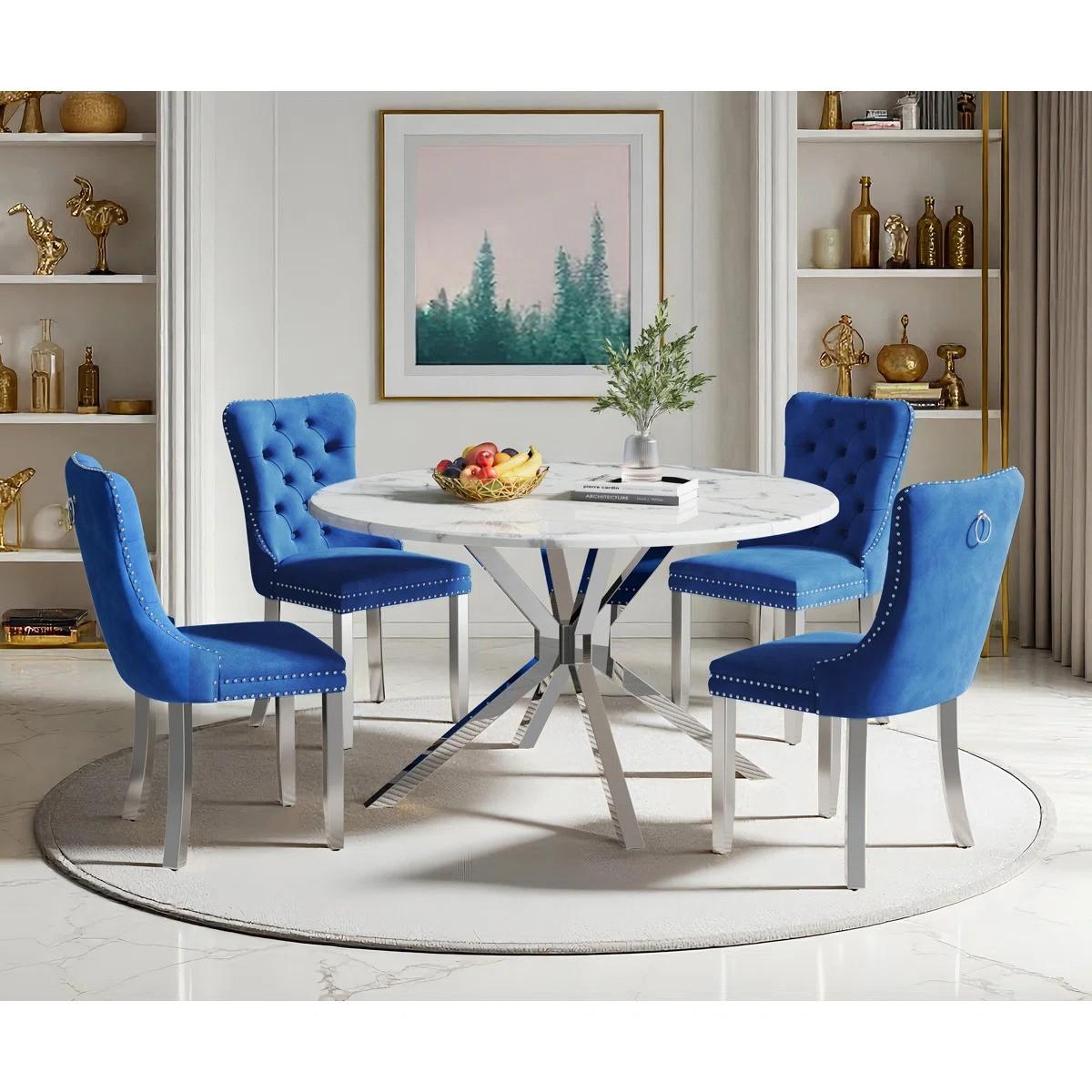 Round Dining Table Set, White Marble Dining Table & Velvet Dining Chairs with Stainless Steel Pedestal, 45" Dining Room Table and Chairs Set, Luxury Dining Table Set (Blue/Silver)