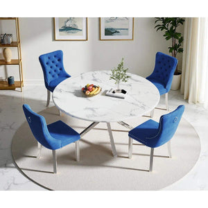 Round Dining Table Set, White Marble Dining Table & Velvet Dining Chairs with Stainless Steel Pedestal, 45" Dining Room Table and Chairs Set, Luxury Dining Table Set (Blue/Silver)