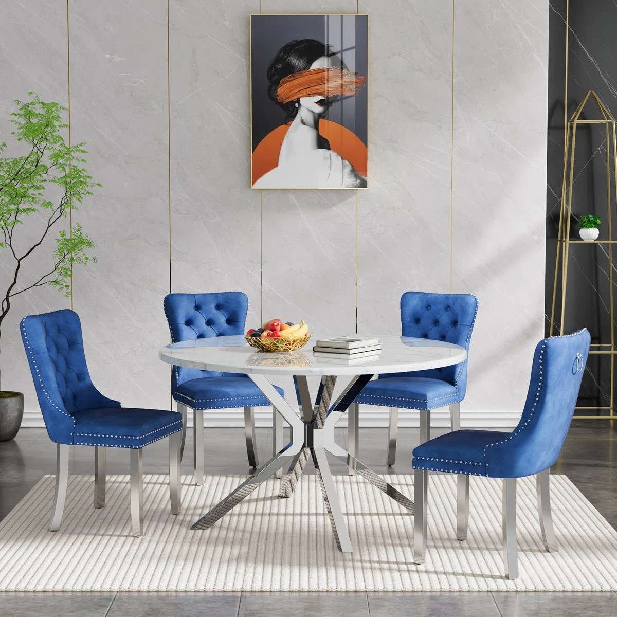 Round Dining Table Set, White Marble Dining Table & Velvet Dining Chairs with Stainless Steel Pedestal, 45" Dining Room Table and Chairs Set, Luxury Dining Table Set (Blue/Silver)