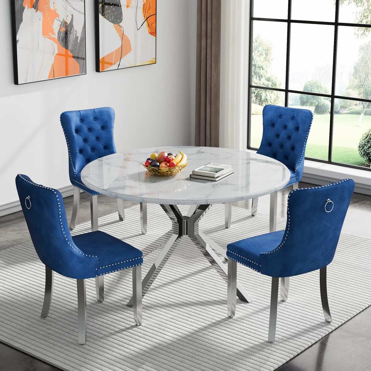 Round Dining Table Set, White Marble Dining Table & Velvet Dining Chairs with Stainless Steel Pedestal, 45" Dining Room Table and Chairs Set, Luxury Dining Table Set (Blue/Silver)
