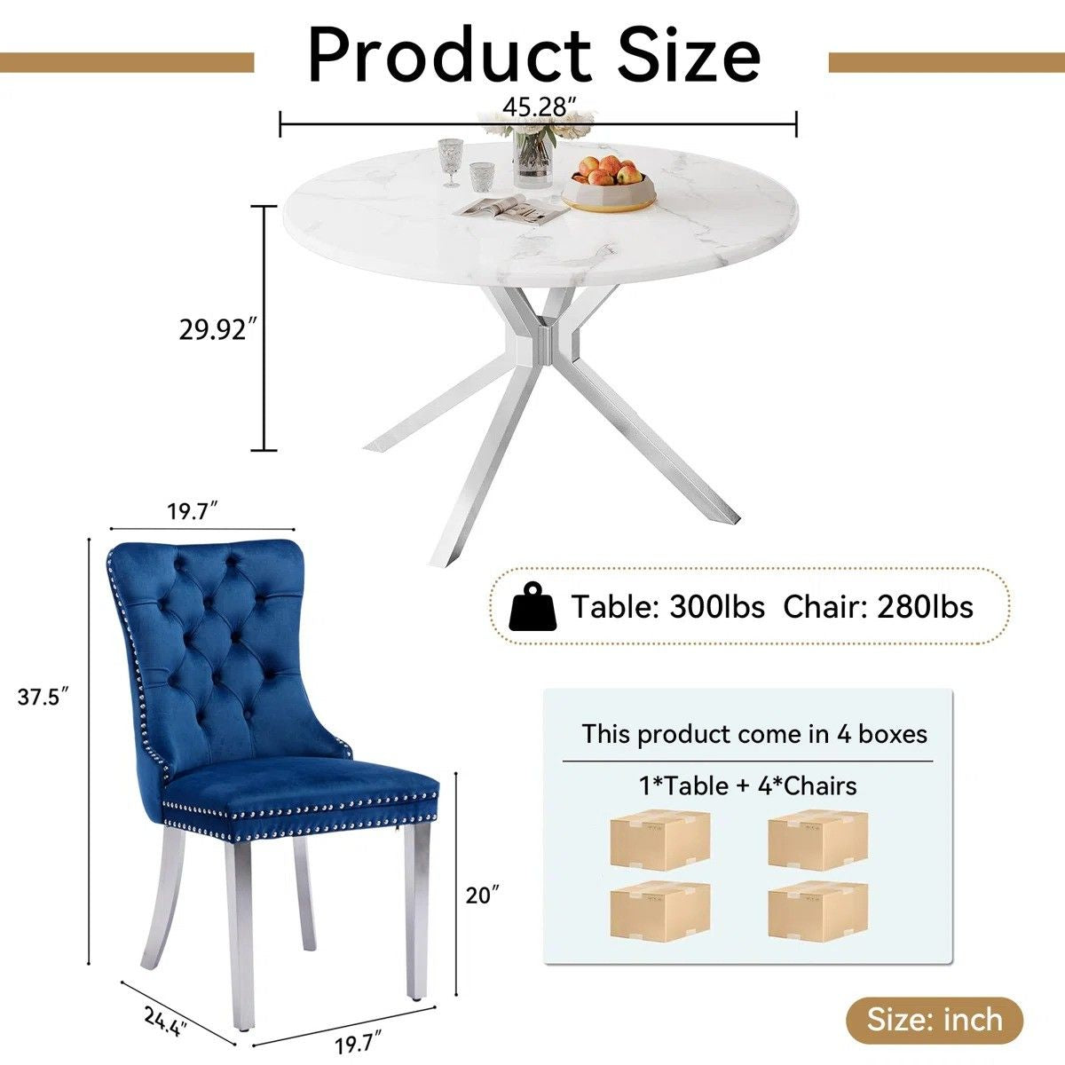 Round Dining Table Set, White Marble Dining Table & Velvet Dining Chairs with Stainless Steel Pedestal, 45" Dining Room Table and Chairs Set, Luxury Dining Table Set (Blue/Silver)