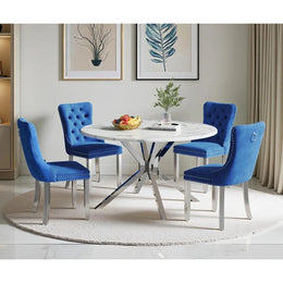 Round Dining Table Set, White Marble Dining Table & Velvet Dining Chairs with Stainless Steel Pedestal, 45" Dining Room Table and Chairs Set, Luxury Dining Table Set (Blue/Silver)