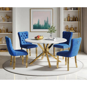 Round Dining Table Set, White Marble Dining Table & Velvet Dining Chairs with Stainless Steel Pedestal, 45" Dining Room Table and Chairs Set, Luxury Dining Table Set (Blue/Gold)