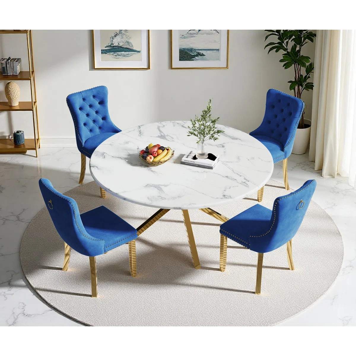 Round Dining Table Set, White Marble Dining Table & Velvet Dining Chairs with Stainless Steel Pedestal, 45" Dining Room Table and Chairs Set, Luxury Dining Table Set (Blue/Gold)