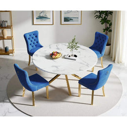 Round Dining Table Set, White Marble Dining Table & Velvet Dining Chairs with Stainless Steel Pedestal, 45" Dining Room Table and Chairs Set, Luxury Dining Table Set (Blue/Gold)