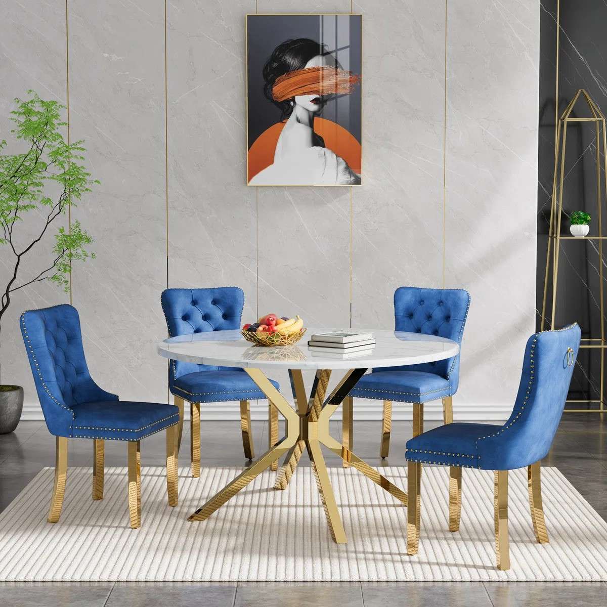 Round Dining Table Set, White Marble Dining Table & Velvet Dining Chairs with Stainless Steel Pedestal, 45" Dining Room Table and Chairs Set, Luxury Dining Table Set (Blue/Gold)