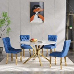 Round Dining Table Set, White Marble Dining Table & Velvet Dining Chairs with Stainless Steel Pedestal, 45" Dining Room Table and Chairs Set, Luxury Dining Table Set (Blue/Gold)