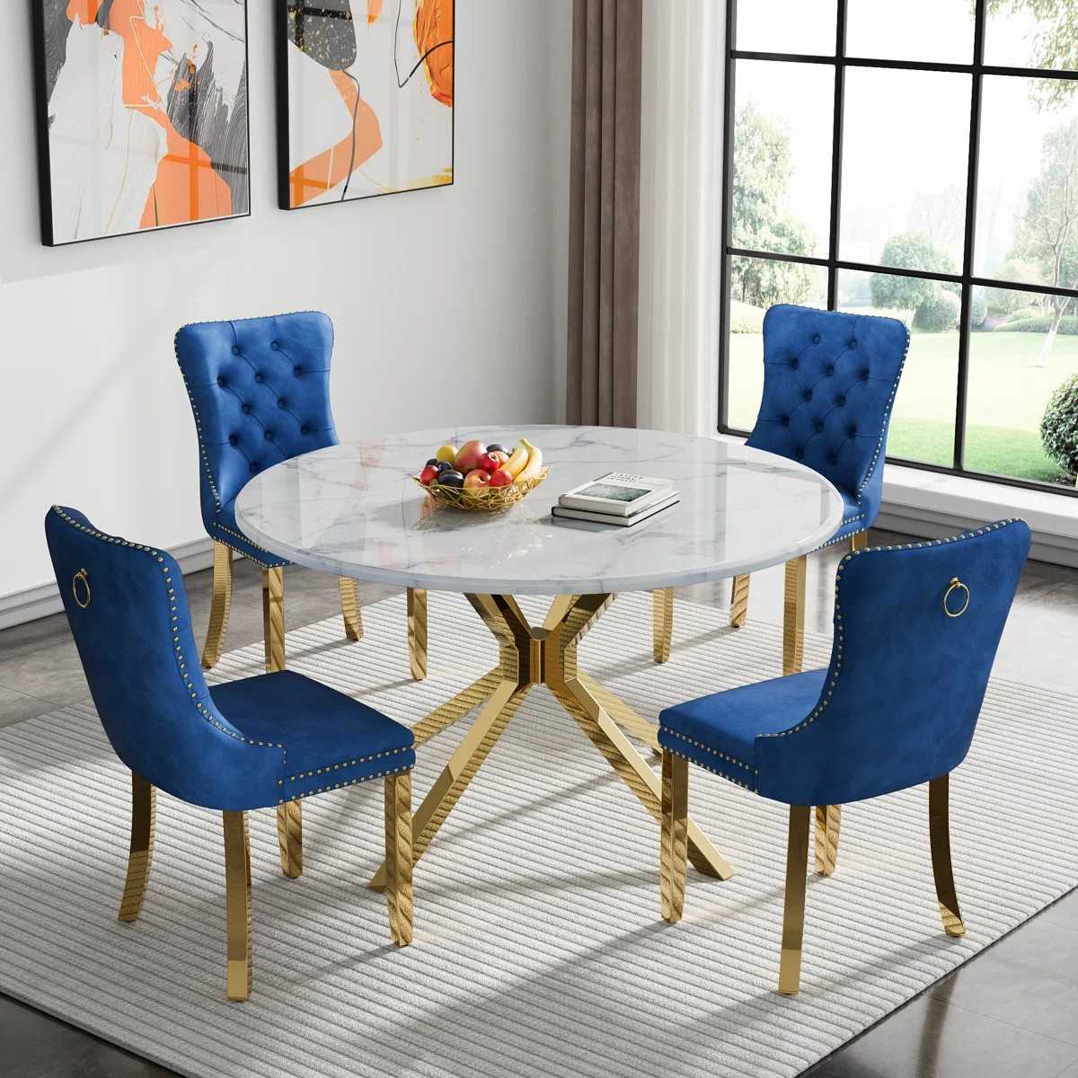 Round Dining Table Set, White Marble Dining Table & Velvet Dining Chairs with Stainless Steel Pedestal, 45" Dining Room Table and Chairs Set, Luxury Dining Table Set (Blue/Gold)