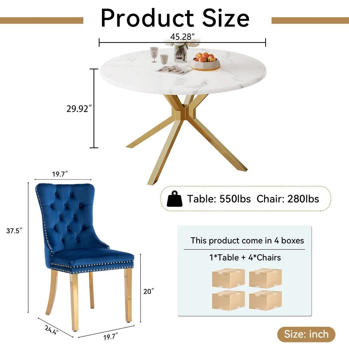 Round Dining Table Set, White Marble Dining Table & Velvet Dining Chairs with Stainless Steel Pedestal, 45" Dining Room Table and Chairs Set, Luxury Dining Table Set (Blue/Gold)