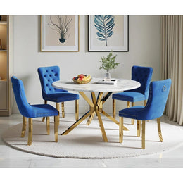 Round Dining Table Set, White Marble Dining Table & Velvet Dining Chairs with Stainless Steel Pedestal, 45" Dining Room Table and Chairs Set, Luxury Dining Table Set (Blue/Gold)