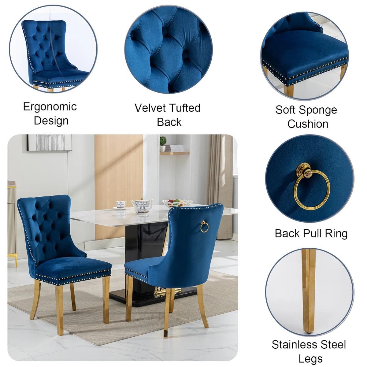 Round Dining Table Set, White Marble Dining Table & Velvet Dining Chairs with Stainless Steel Pedestal, 45" Dining Room Table and Chairs Set, Luxury Dining Table Set (Blue/Gold)