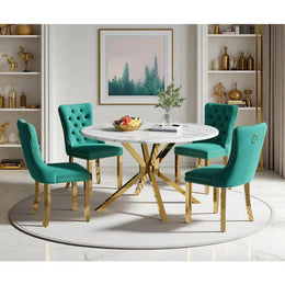 Round Dining Table Set, White Marble Dining Table & Velvet Dining Chairs with Stainless Steel Pedestal, 45" Dining Room Table and Chairs Set, Luxury Dining Table Set (Green/Gold)