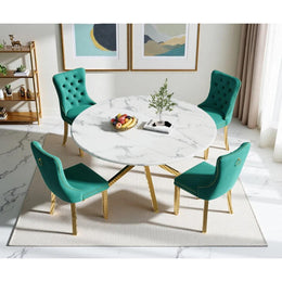 Round Dining Table Set, White Marble Dining Table & Velvet Dining Chairs with Stainless Steel Pedestal, 45" Dining Room Table and Chairs Set, Luxury Dining Table Set (Green/Gold)