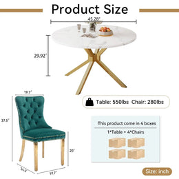Round Dining Table Set, White Marble Dining Table & Velvet Dining Chairs with Stainless Steel Pedestal, 45" Dining Room Table and Chairs Set, Luxury Dining Table Set (Green/Gold)