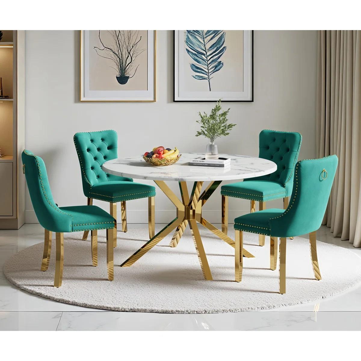 Round Dining Table Set, White Marble Dining Table & Velvet Dining Chairs with Stainless Steel Pedestal, 45" Dining Room Table and Chairs Set, Luxury Dining Table Set (Green/Gold)