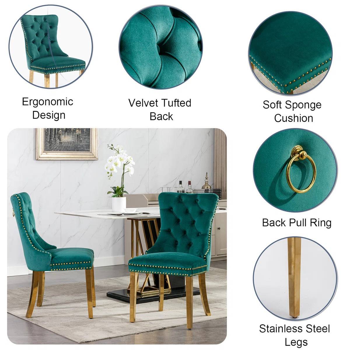 Round Dining Table Set, White Marble Dining Table & Velvet Dining Chairs with Stainless Steel Pedestal, 45" Dining Room Table and Chairs Set, Luxury Dining Table Set (Green/Gold)