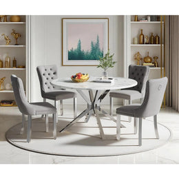 Round Dining Table Set, White Marble Dining Table & Velvet Dining Chairs with Stainless Steel Pedestal, 45" Dining Room Table and Chairs Set, Luxury Dining Table Set (Gray/Silver)