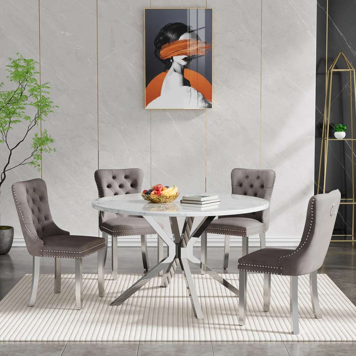 Round Dining Table Set, White Marble Dining Table & Velvet Dining Chairs with Stainless Steel Pedestal, 45" Dining Room Table and Chairs Set, Luxury Dining Table Set (Gray/Silver)