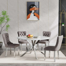 Round Dining Table Set, White Marble Dining Table & Velvet Dining Chairs with Stainless Steel Pedestal, 45" Dining Room Table and Chairs Set, Luxury Dining Table Set (Gray/Silver)