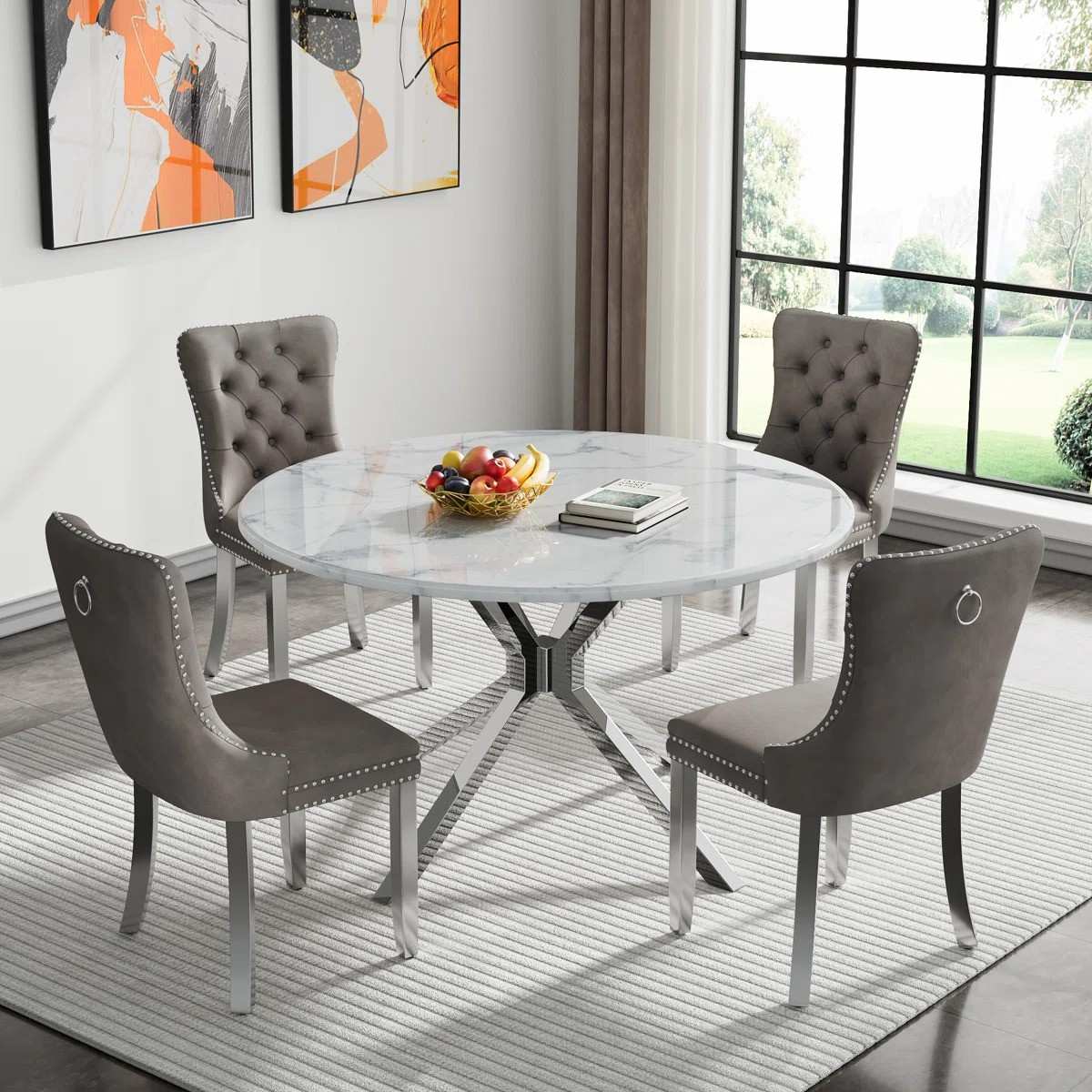 Round Dining Table Set, White Marble Dining Table & Velvet Dining Chairs with Stainless Steel Pedestal, 45" Dining Room Table and Chairs Set, Luxury Dining Table Set (Gray/Silver)